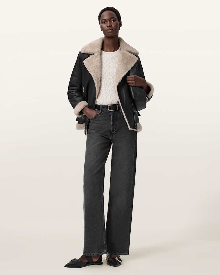AllSaints Sola Shearling Biker Jacket Women's Black/Natural Women's