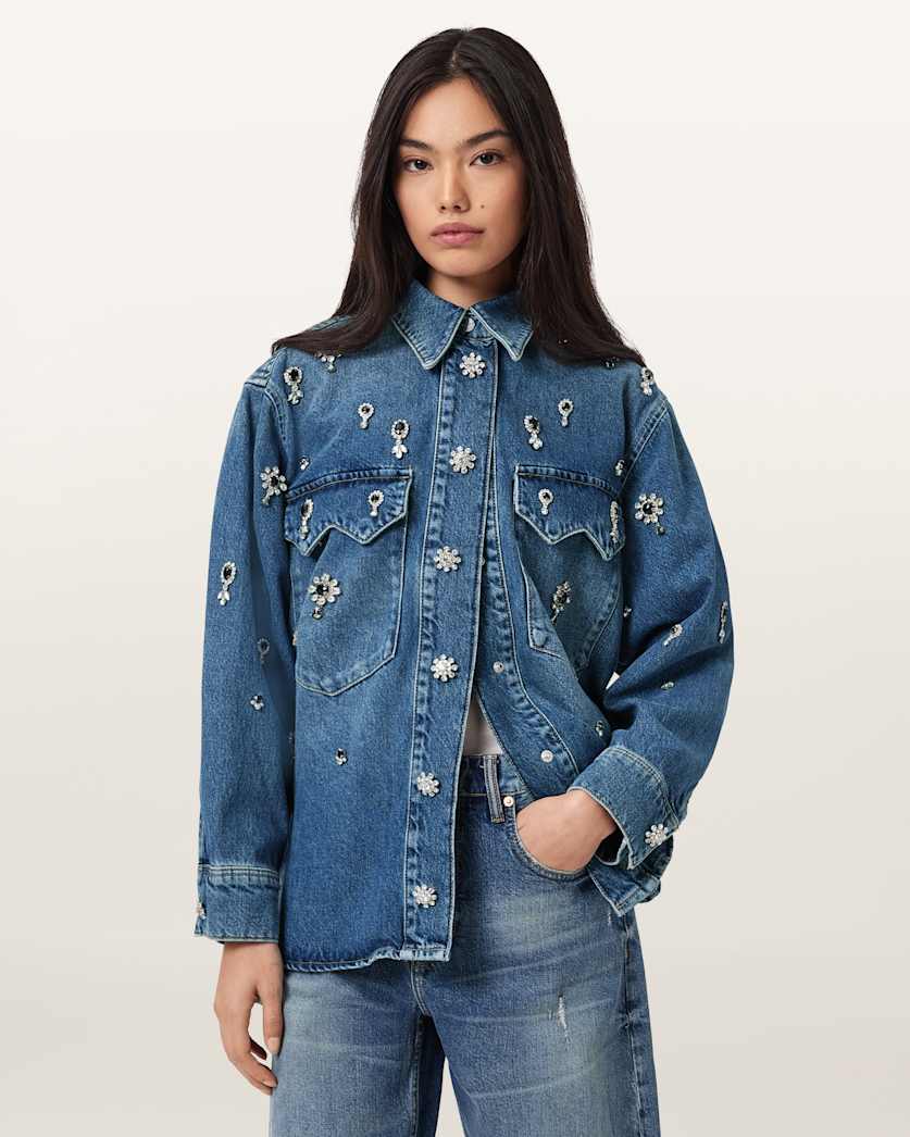 AllSaints Enna Embellished Denim Shirt Women's Vintage Indigo Women's