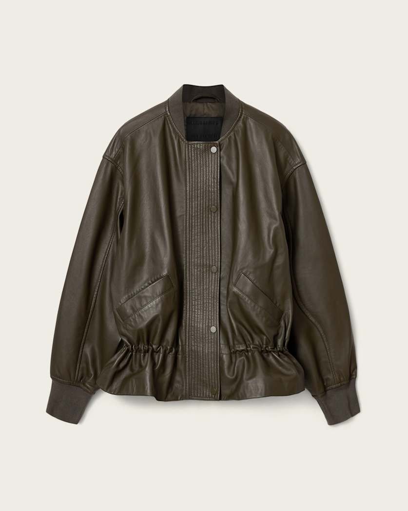 AllSaints Sofi Leather Bomber Jacket Women's Military Green Women's