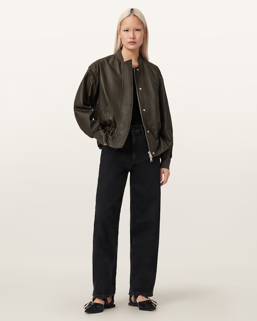 AllSaints Sofi Leather Bomber Jacket Women's Military Green Women's