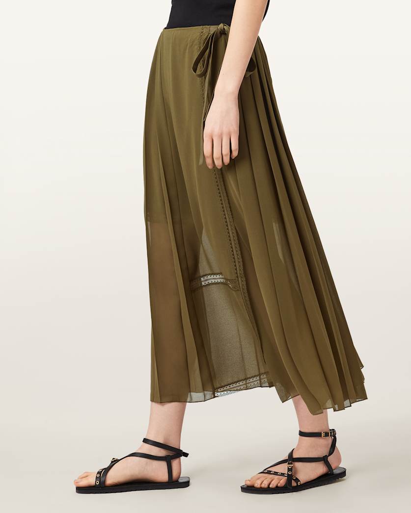 AllSaints Clover Wrap Maxi Skirt Women's Khaki Green Women's