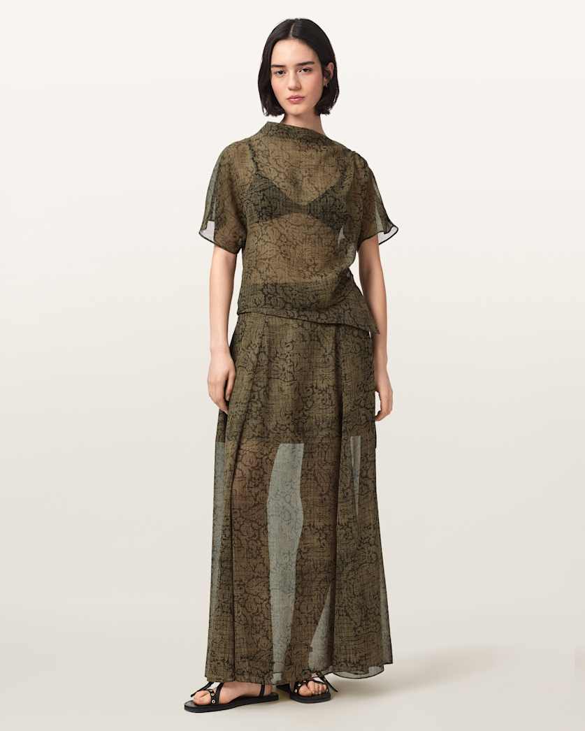AllSaints Sali Mesh Maxi Skirt Women's Sirius Gold Black Women's