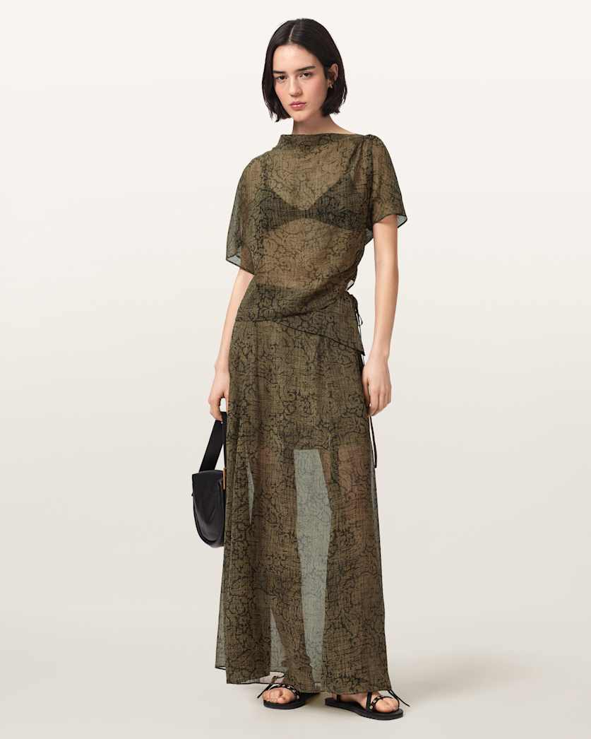 AllSaints Sali Mesh Maxi Skirt Women's Sirius Gold Black Women's