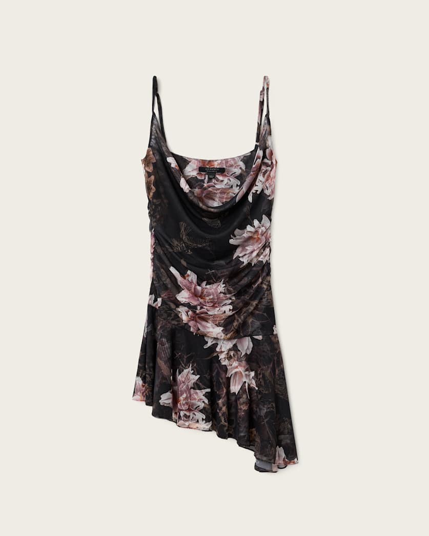 AllSaints Bea Asymmetric Mesh Mini Dress Women's Crystal/Black Women's