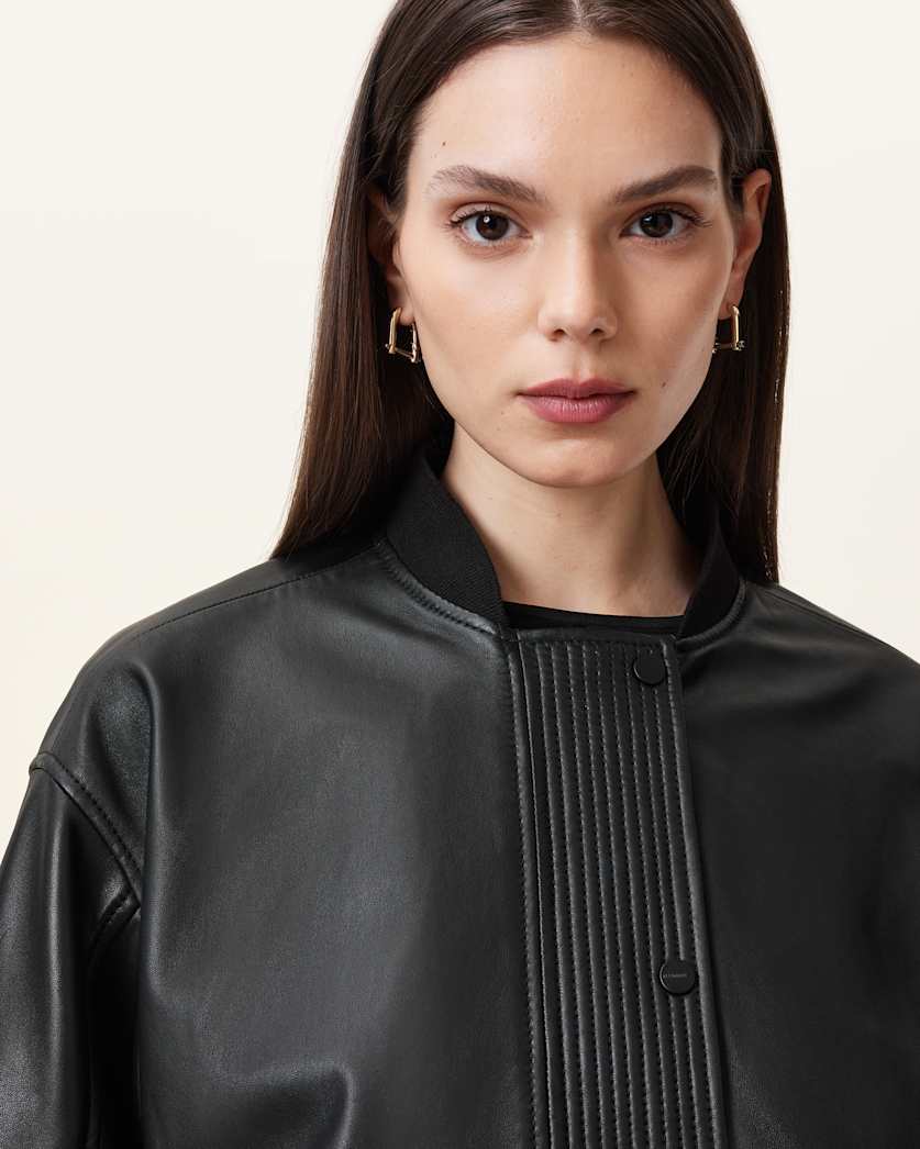 AllSaints Sofi Drawstring Leather Bomber Jacket Women's Black Women's