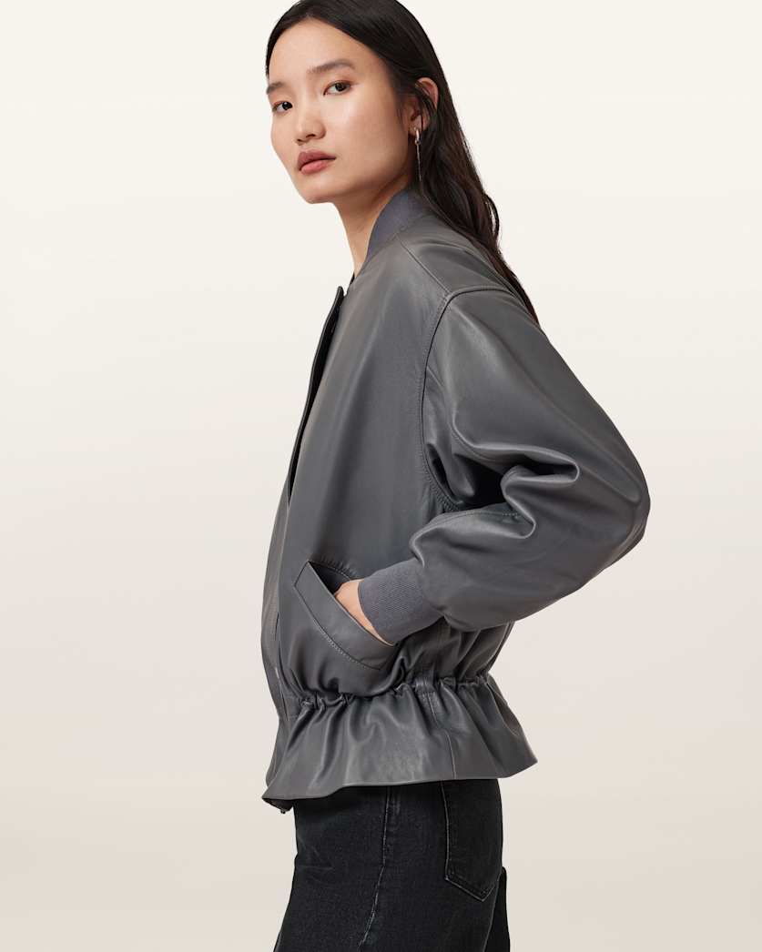 AllSaints Sofi Drawstring Leather Bomber Jacket Women's Black Women's