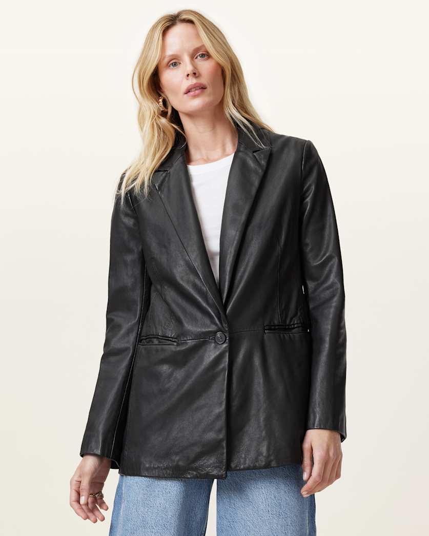 AllSaints Deri Single Breasted Leather Blazer Women's Black Women's