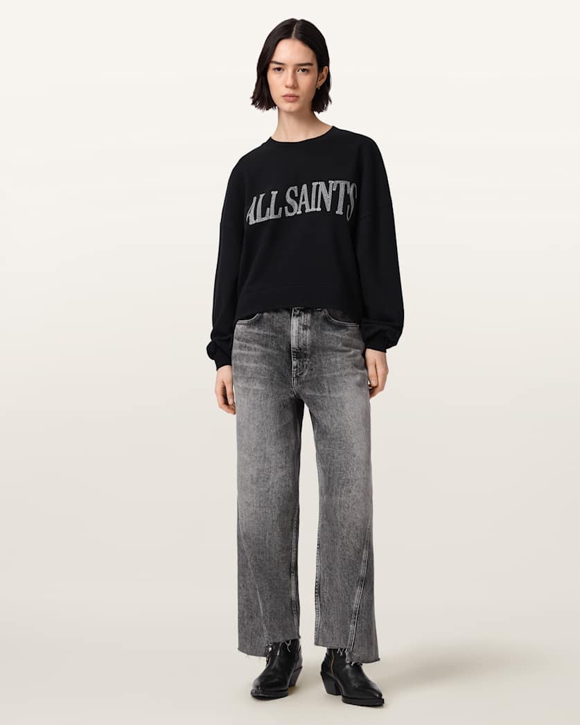 AllSaints Dash Lila Oversized Embroidered Sweatshirt Women's Washed Black Women's