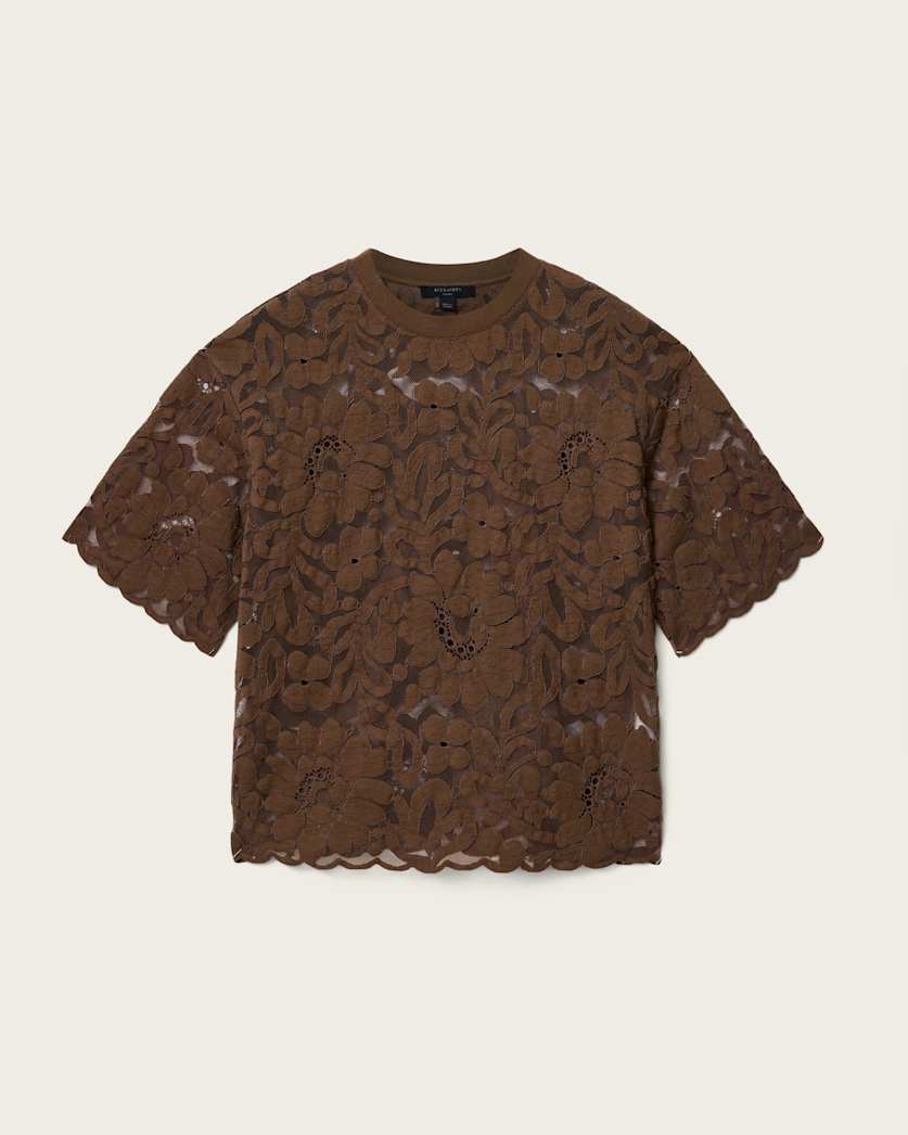 AllSaints Amelie Oversized Short Sleeve Lace T Shirt Women's Bitter Brown Women's