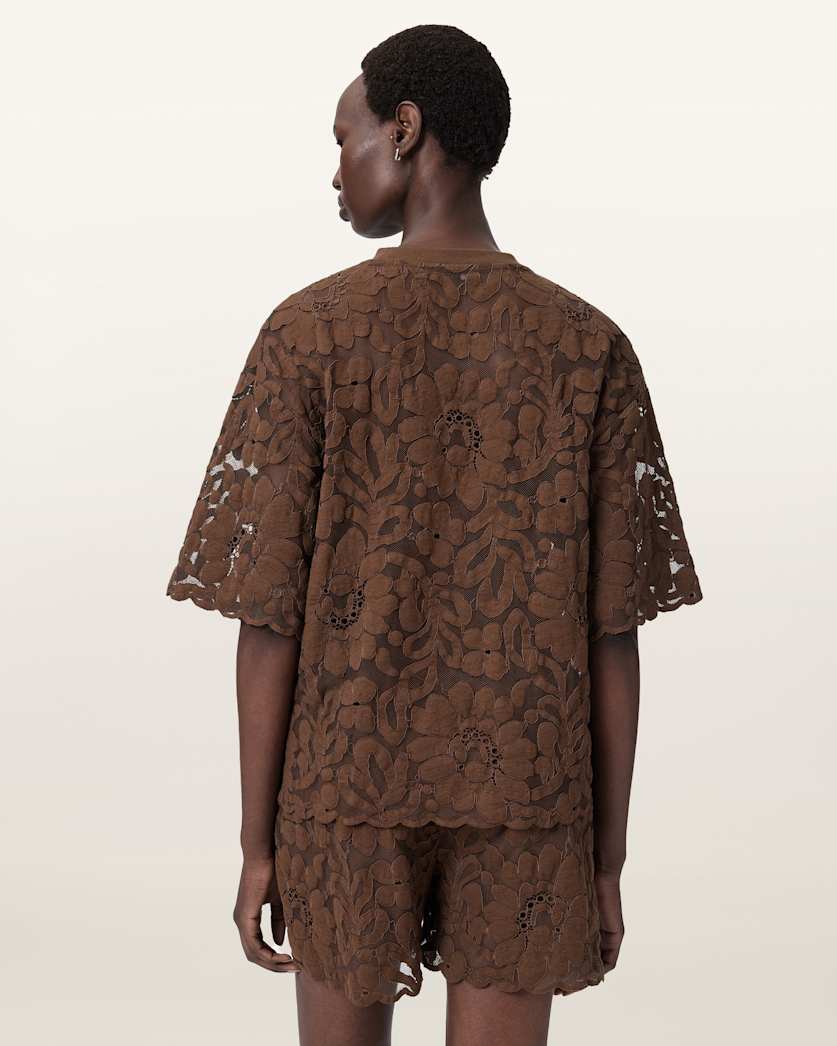 AllSaints Amelie Oversized Short Sleeve Lace T Shirt Women's Bitter Brown Women's