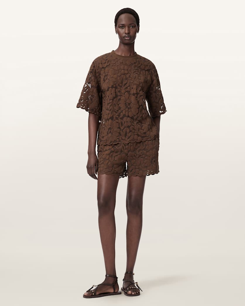 AllSaints Amelie Oversized Short Sleeve Lace T Shirt Women's Bitter Brown Women's