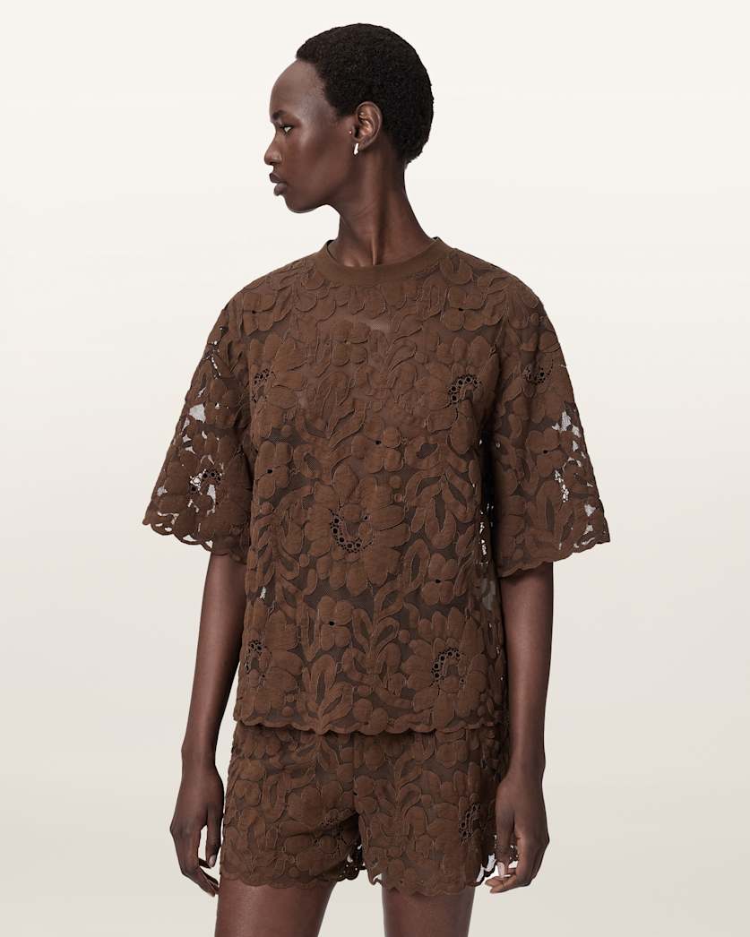 AllSaints Amelie Oversized Short Sleeve Lace T Shirt Women's Bitter Brown Women's
