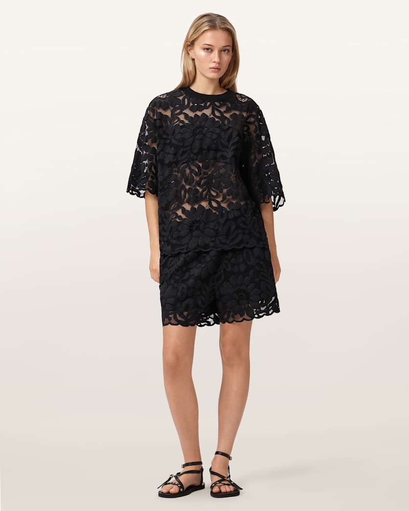 AllSaints Amelie Oversized Short Sleeve Lace T Shirt Women's Bitter Brown Women's