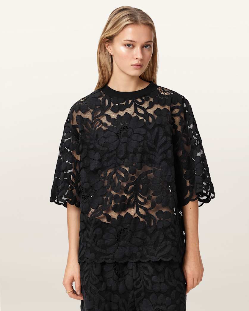 AllSaints Amelie Oversized Short Sleeve Lace T Shirt Women's Bitter Brown Women's