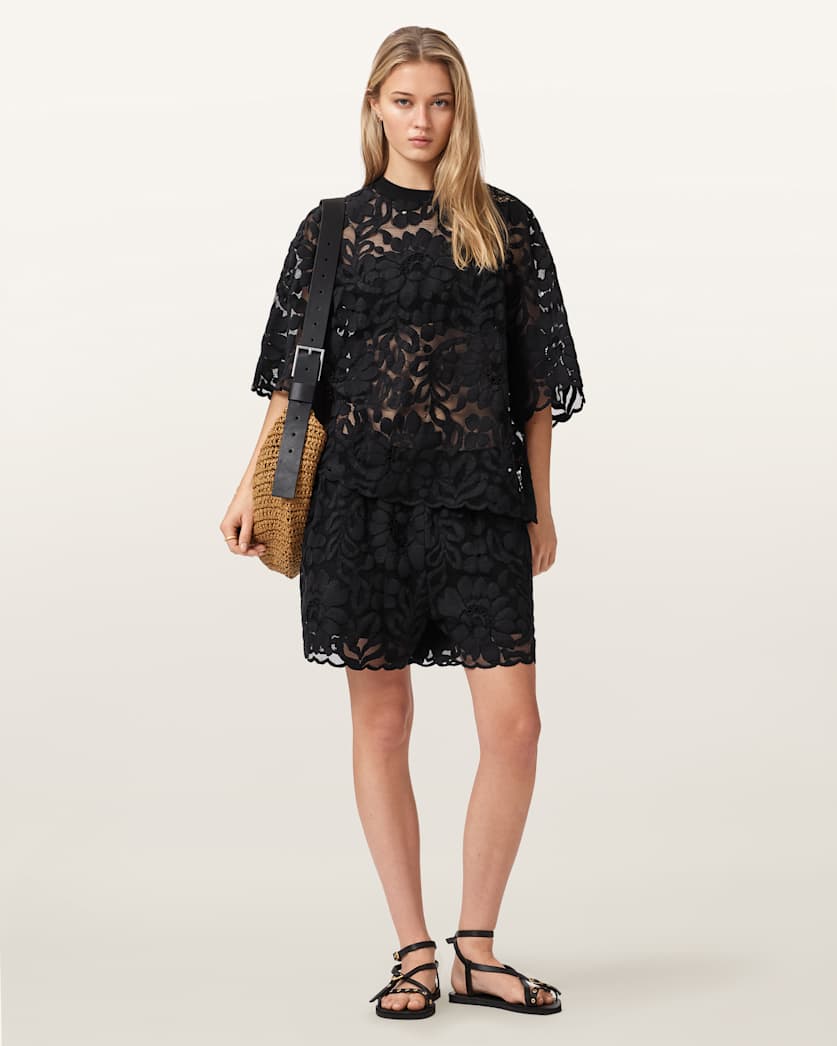 AllSaints Amelie Oversized Short Sleeve Lace T Shirt Women's Bitter Brown Women's