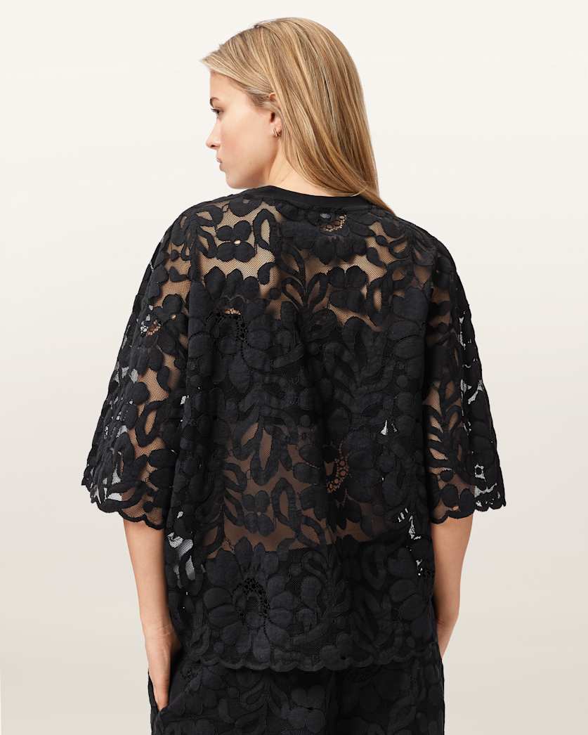 AllSaints Amelie Oversized Short Sleeve Lace T Shirt Women's Bitter Brown Women's