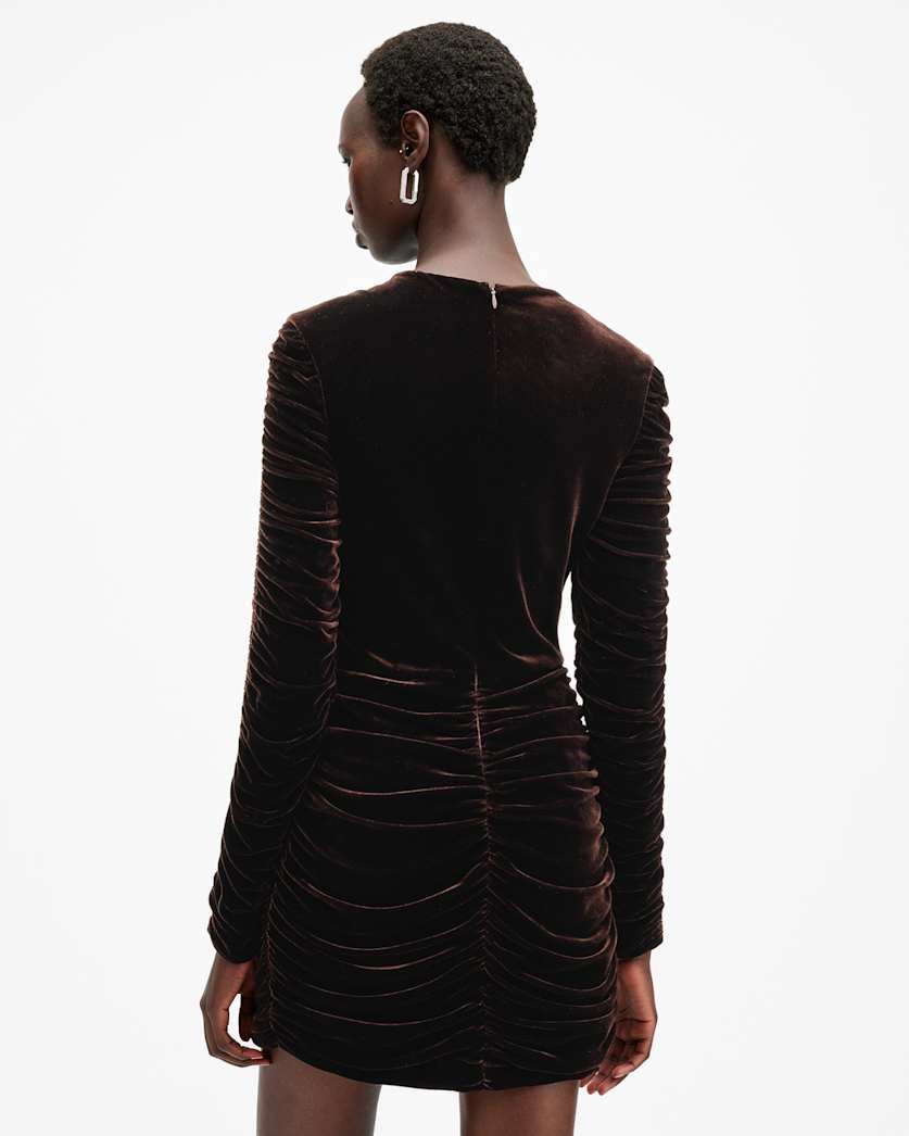 AllSaints Eris Ruched Velvet Mini Dress Women's Rich Brown Women's