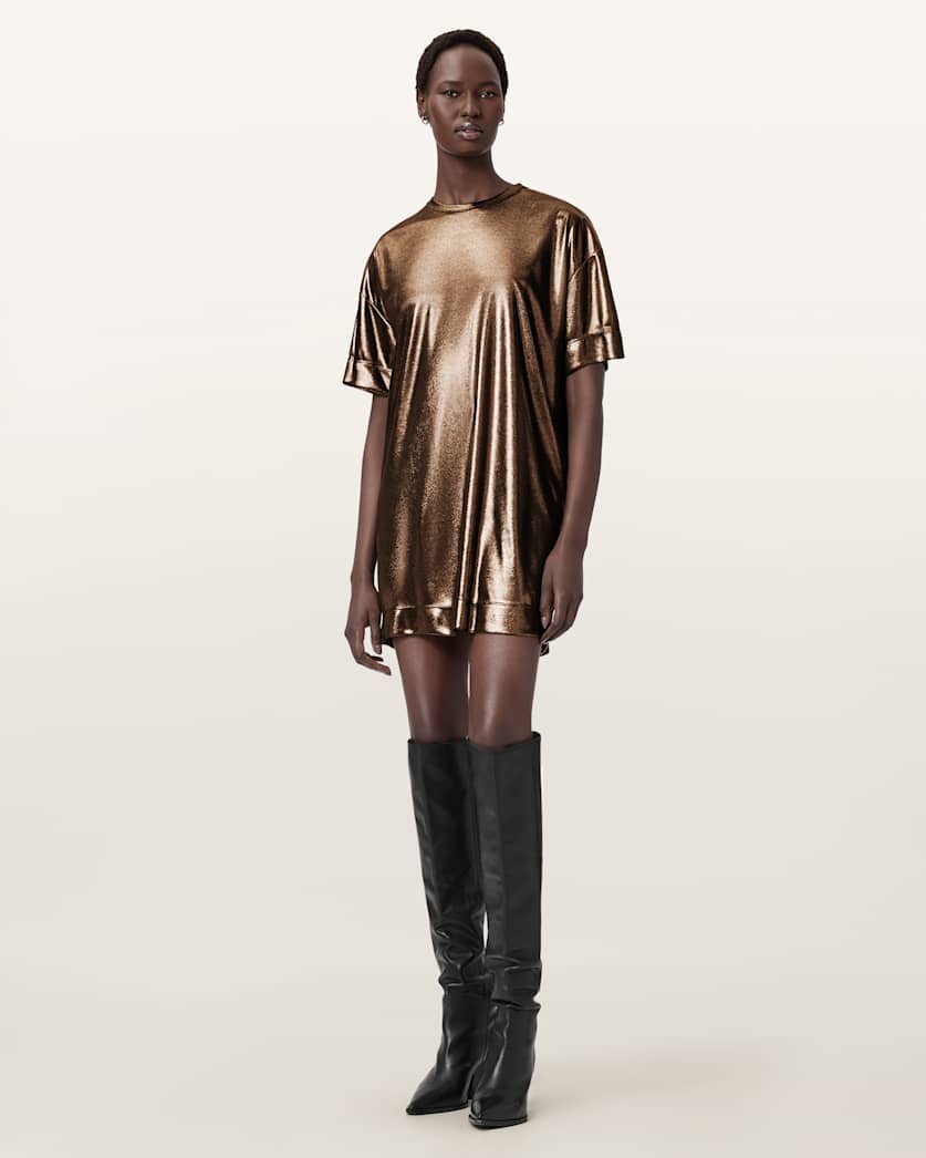AllSaints Sparkle Mini T Shirt Dress Women's Bronze Gold Women's