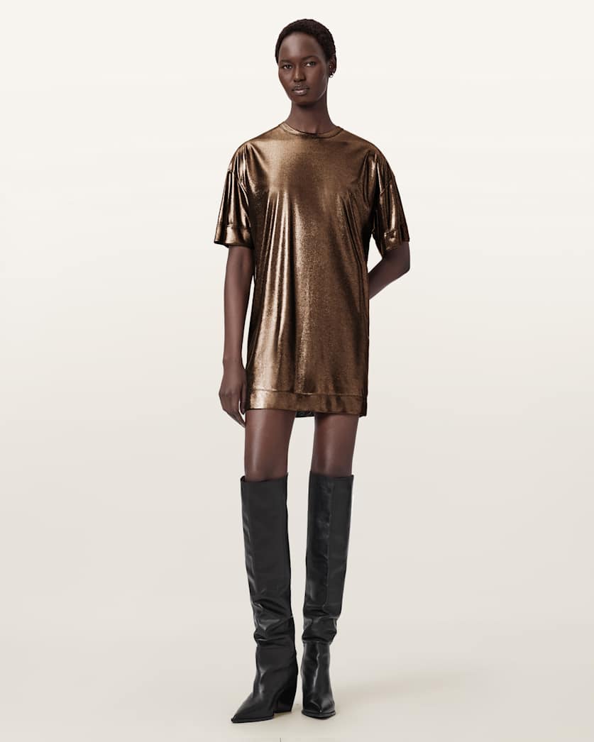 AllSaints Sparkle Mini T Shirt Dress Women's Bronze Gold Women's