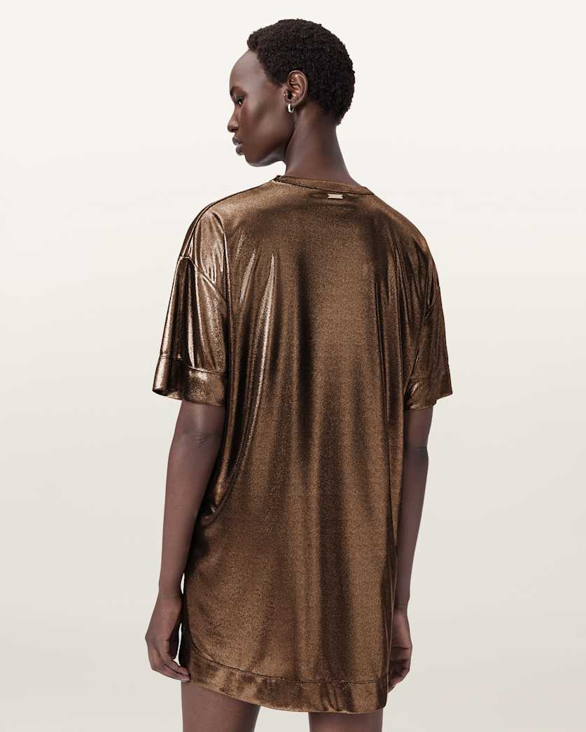 AllSaints Sparkle Mini T Shirt Dress Women's Bronze Gold Women's