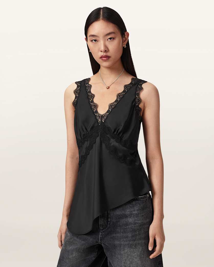 AllSaints Ilka Lace Trim Cami Top Women's Black Women's
