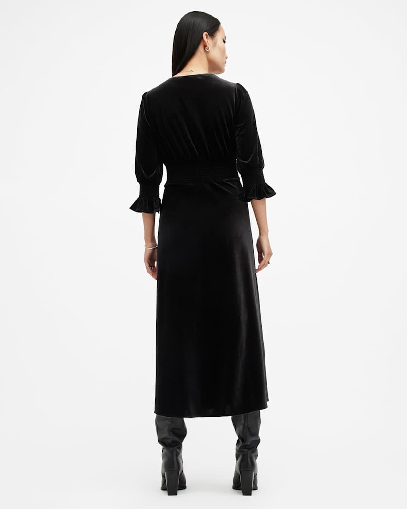 AllSaints Ani V Neck Velvet Midi Dress Women's Black Women's