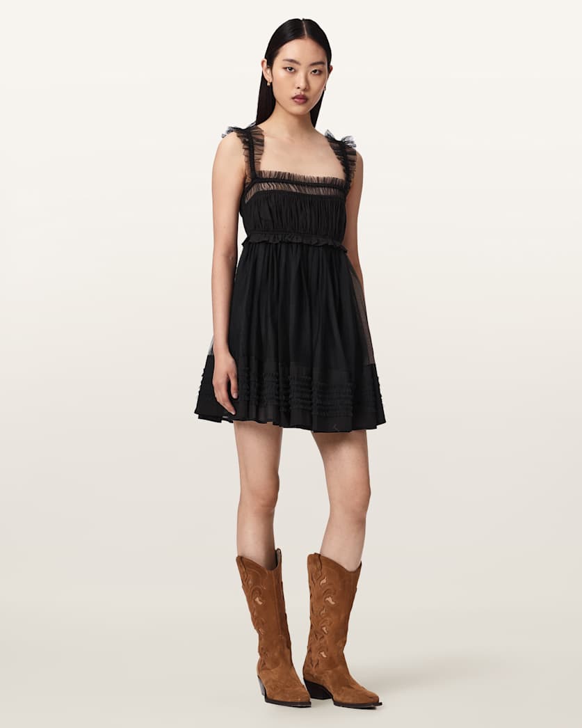 AllSaints Angela Gathered Frill Mini Dress Women's Black Women's
