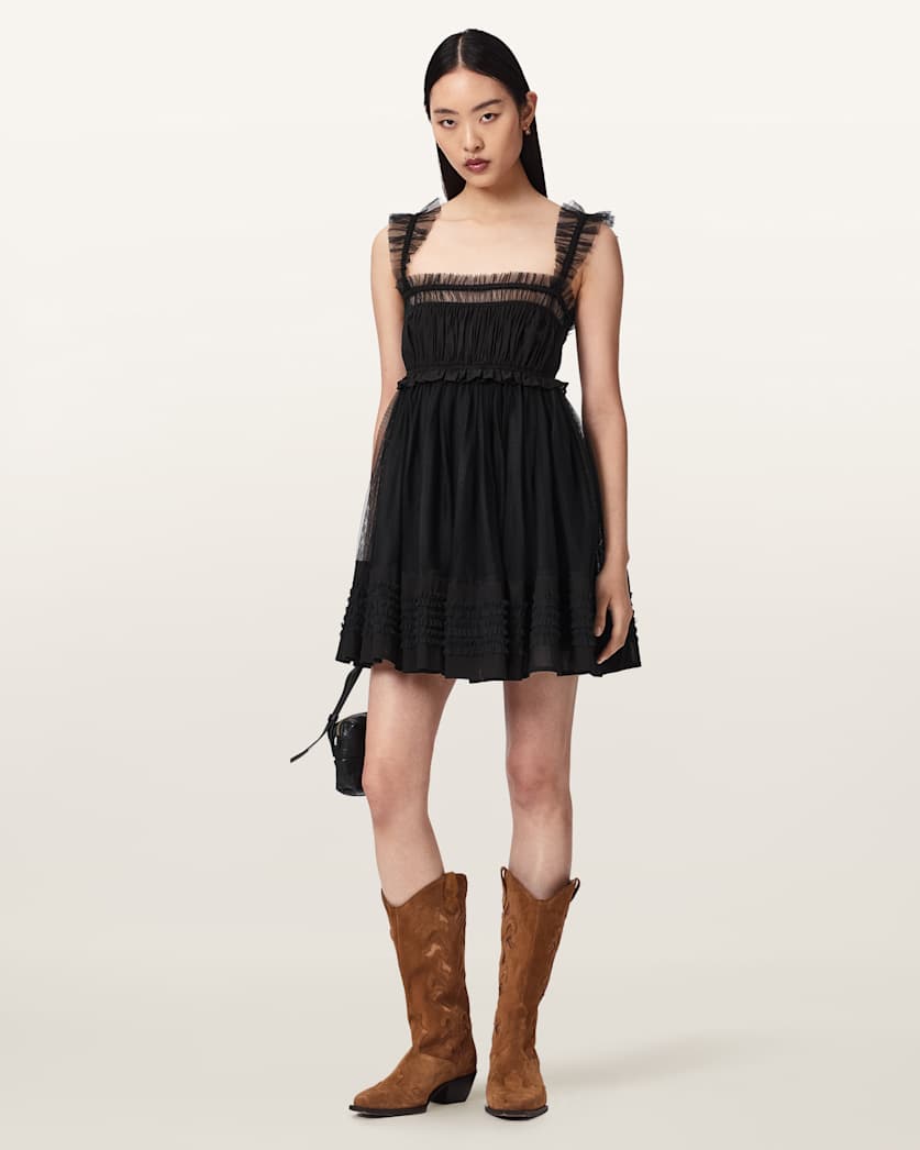 AllSaints Angela Gathered Frill Mini Dress Women's Black Women's