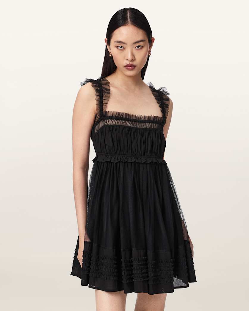 AllSaints Angela Gathered Frill Mini Dress Women's Black Women's