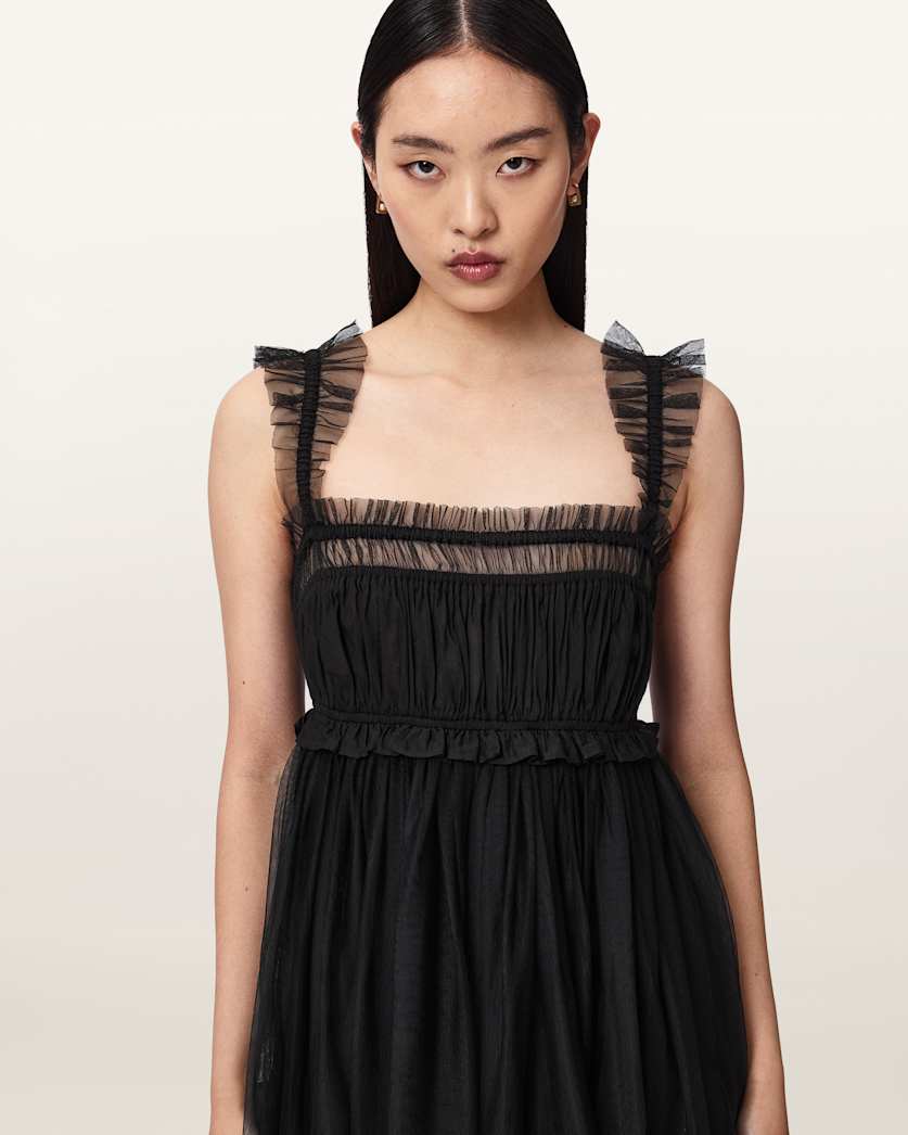AllSaints Angela Gathered Frill Mini Dress Women's Black Women's