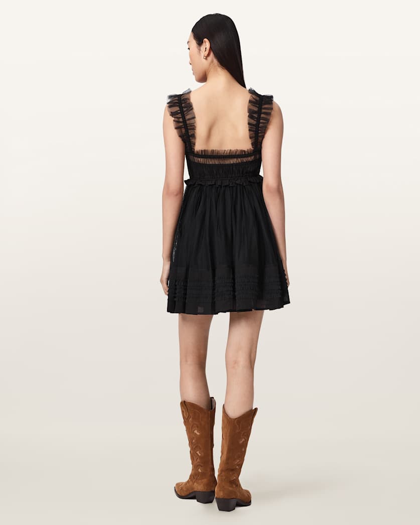 AllSaints Angela Gathered Frill Mini Dress Women's Black Women's