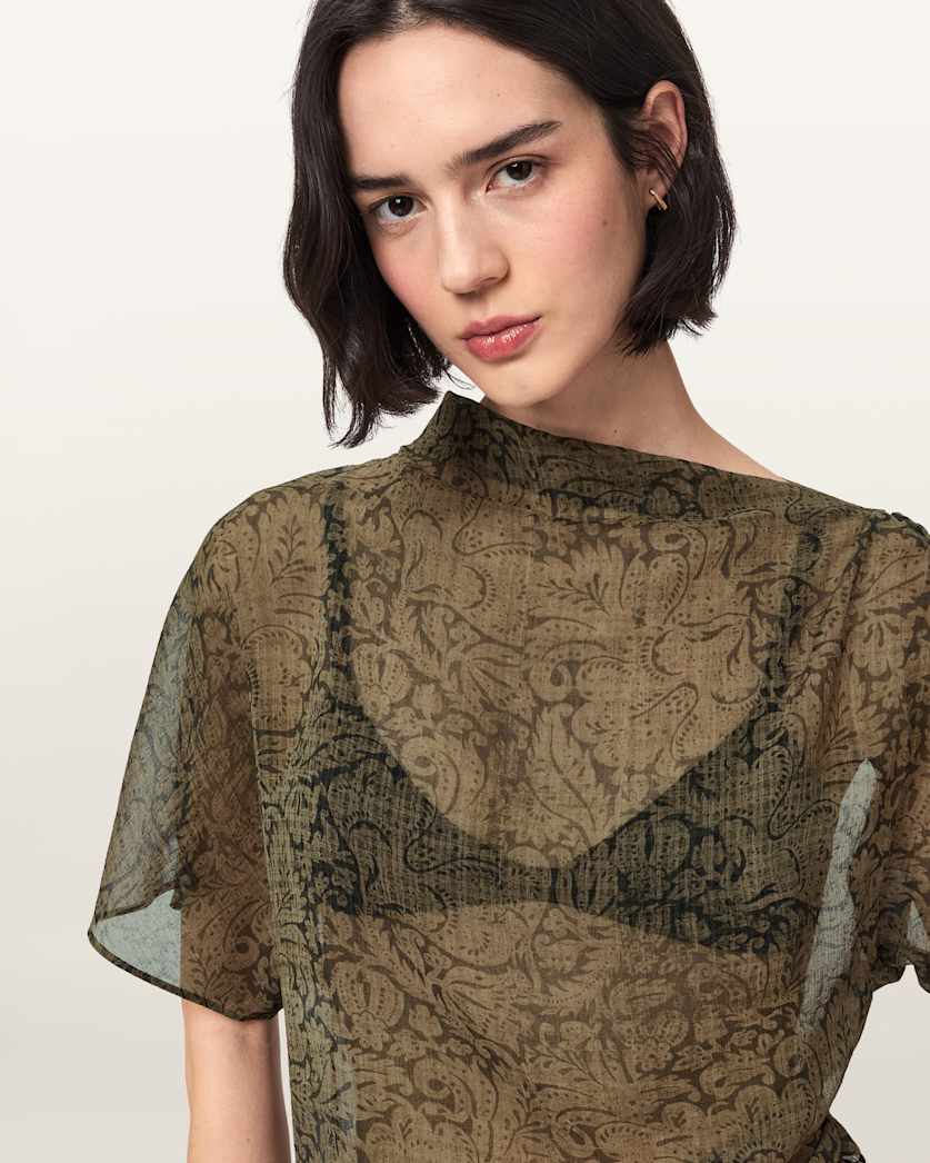 AllSaints Sali Cropped Mesh Top Women's Sirius Gold Black Women's
