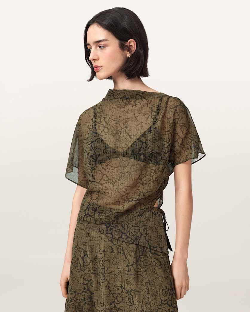 AllSaints Sali Cropped Mesh Top Women's Sirius Gold Black Women's