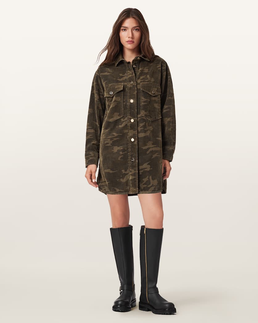 AllSaints Faye Flocked Oversized Dress Women's Camo Green Women's