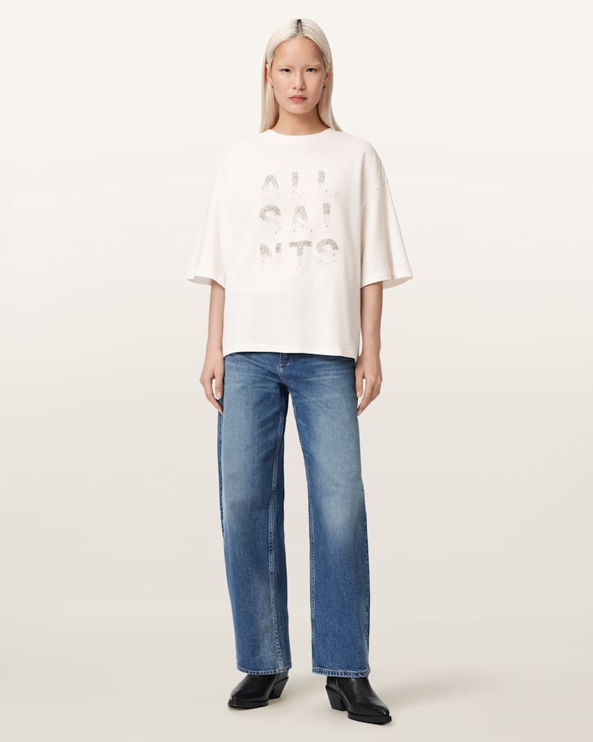 AllSaints Stacks Amelie Oversized Embellished T Shirt Women's Optic White Women's