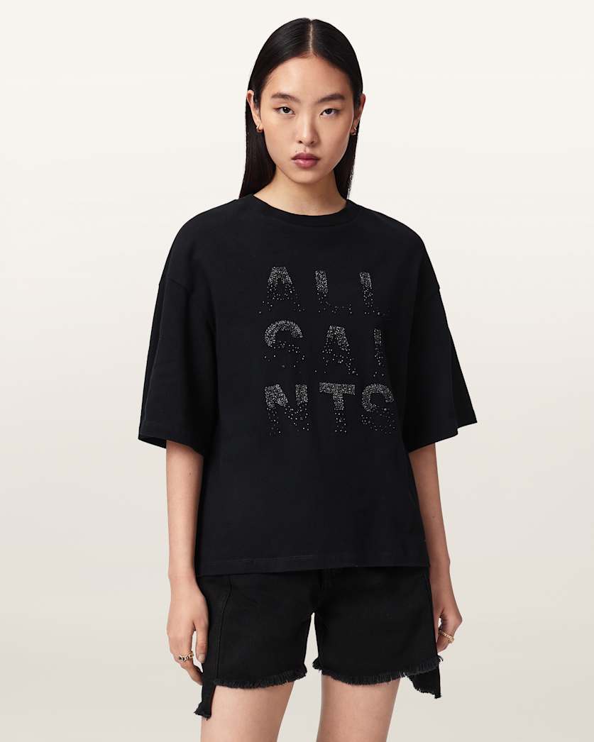 AllSaints Stacks Amelie Oversized Embellished T Shirt Women's Optic White Women's