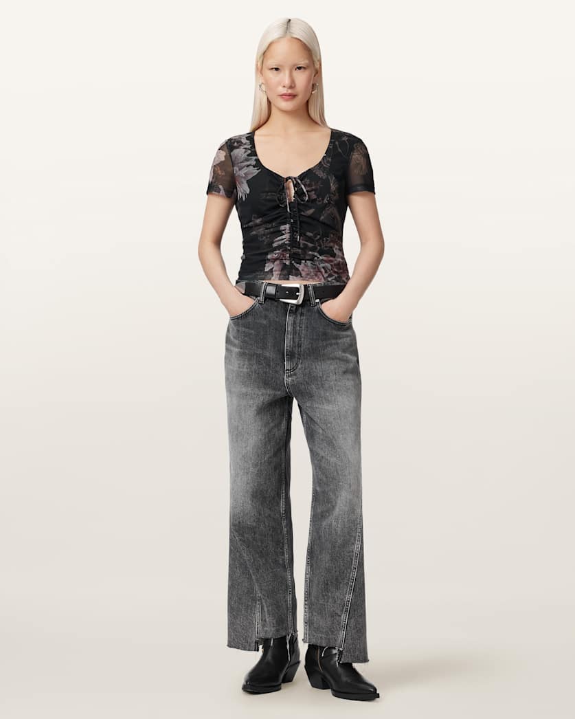 AllSaints Gabby Slim Fit Floral Mesh Top Women's Crystal/Black Women's