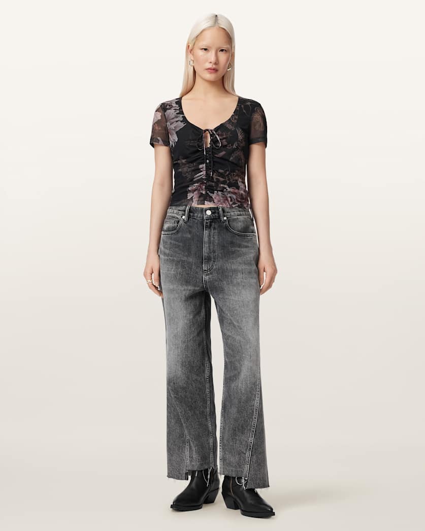 AllSaints Gabby Slim Fit Floral Mesh Top Women's Crystal/Black Women's