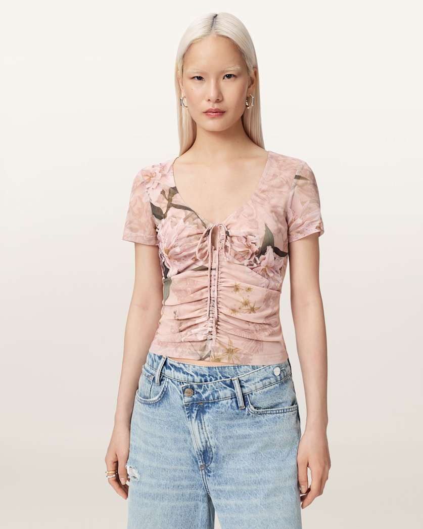 AllSaints Gabby Slim Fit Floral Mesh Top Women's Crystal/Black Women's