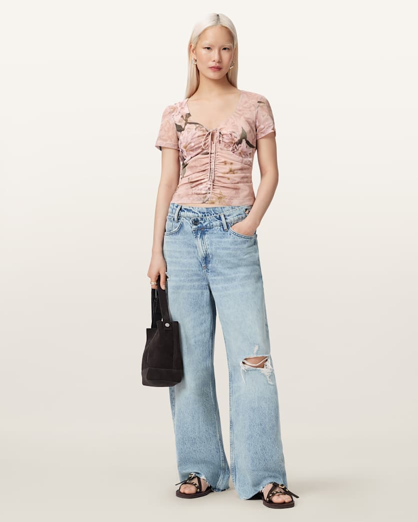 AllSaints Gabby Slim Fit Floral Mesh Top Women's Crystal/Black Women's