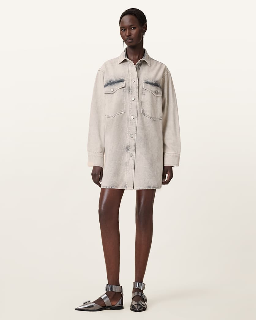 AllSaints Faye Sparkle Denim Mini Dress Women's Snow Grey Women's
