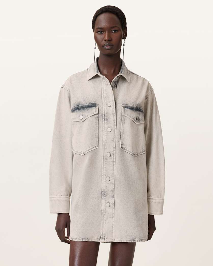 AllSaints Faye Sparkle Denim Mini Dress Women's Snow Grey Women's