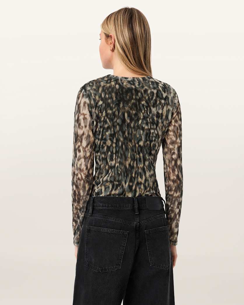 AllSaints Ellie Mesh Long Sleeve T Shirt Women's Leppo Brown Women's