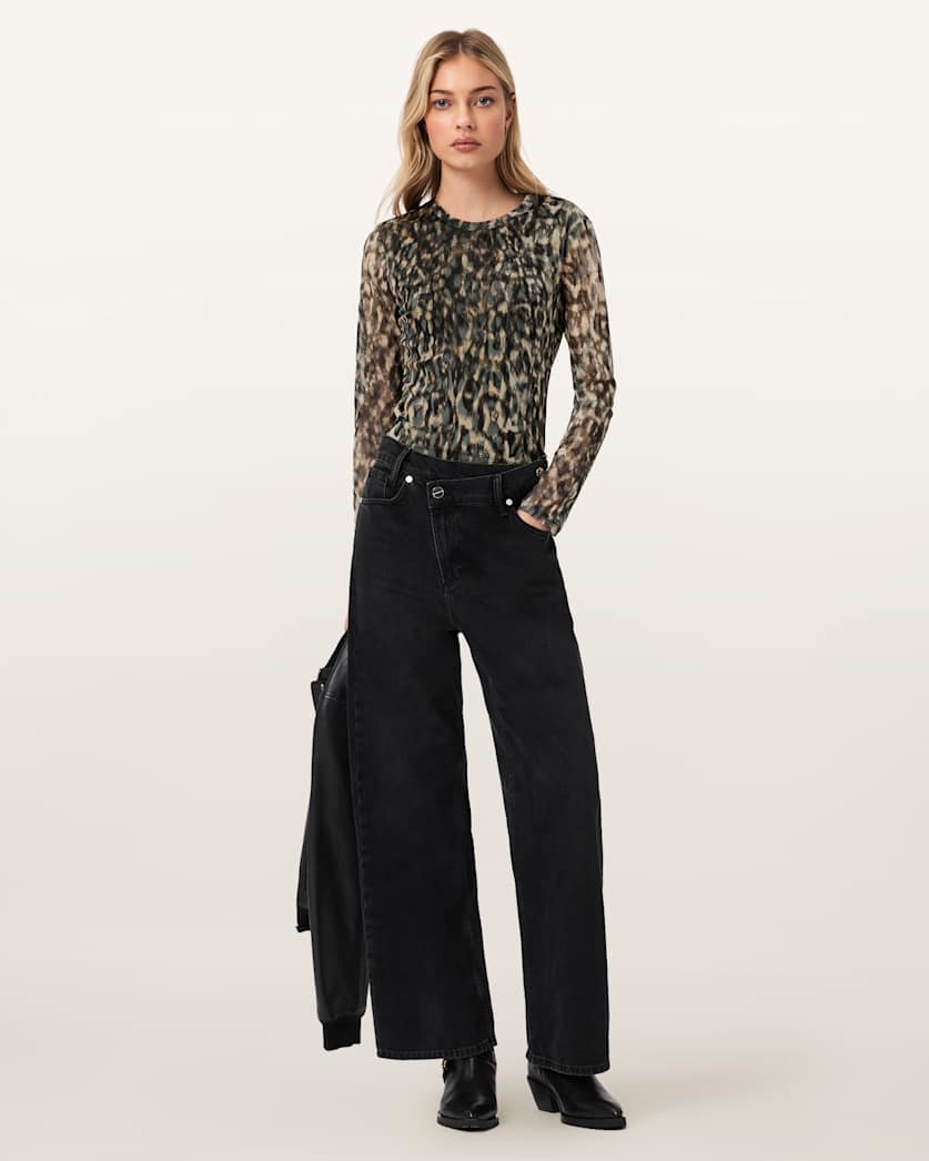AllSaints Ellie Mesh Long Sleeve T Shirt Women's Leppo Brown Women's