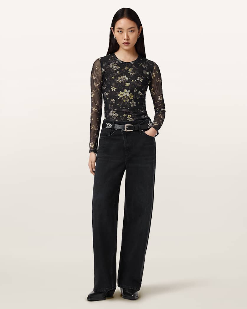 AllSaints Ellie Mesh Long Sleeve T Shirt Women's Leppo Brown Women's