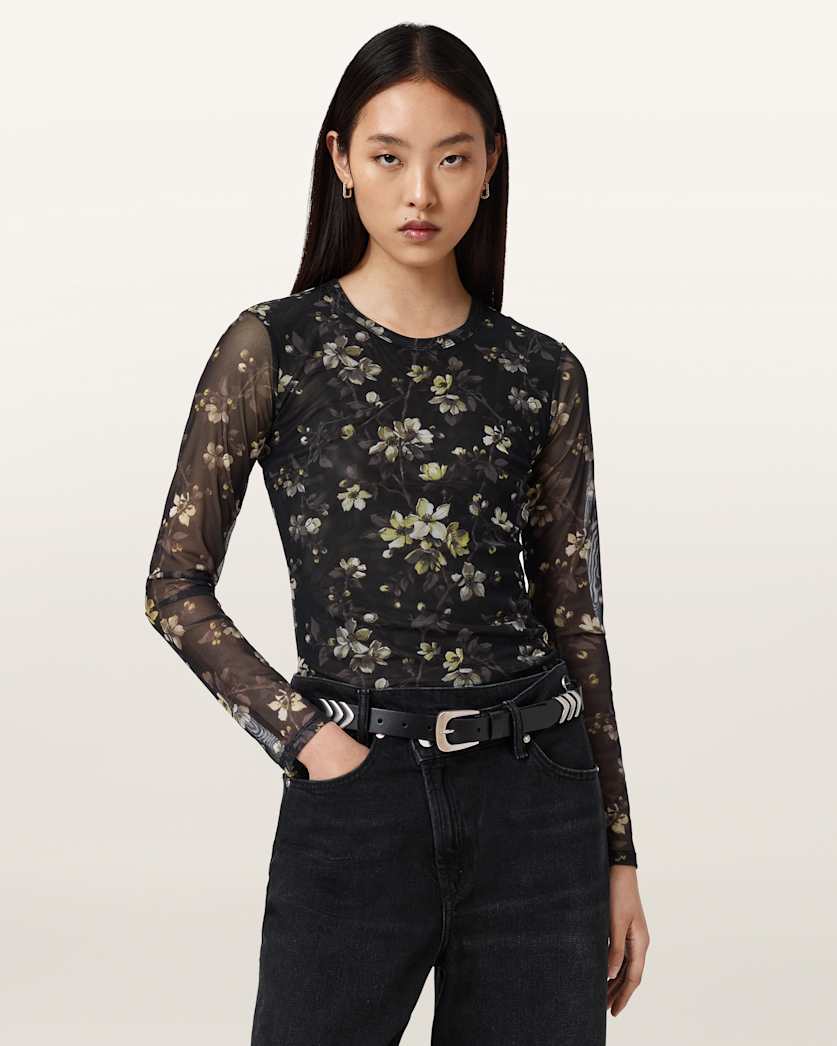 AllSaints Ellie Mesh Long Sleeve T Shirt Women's Leppo Brown Women's