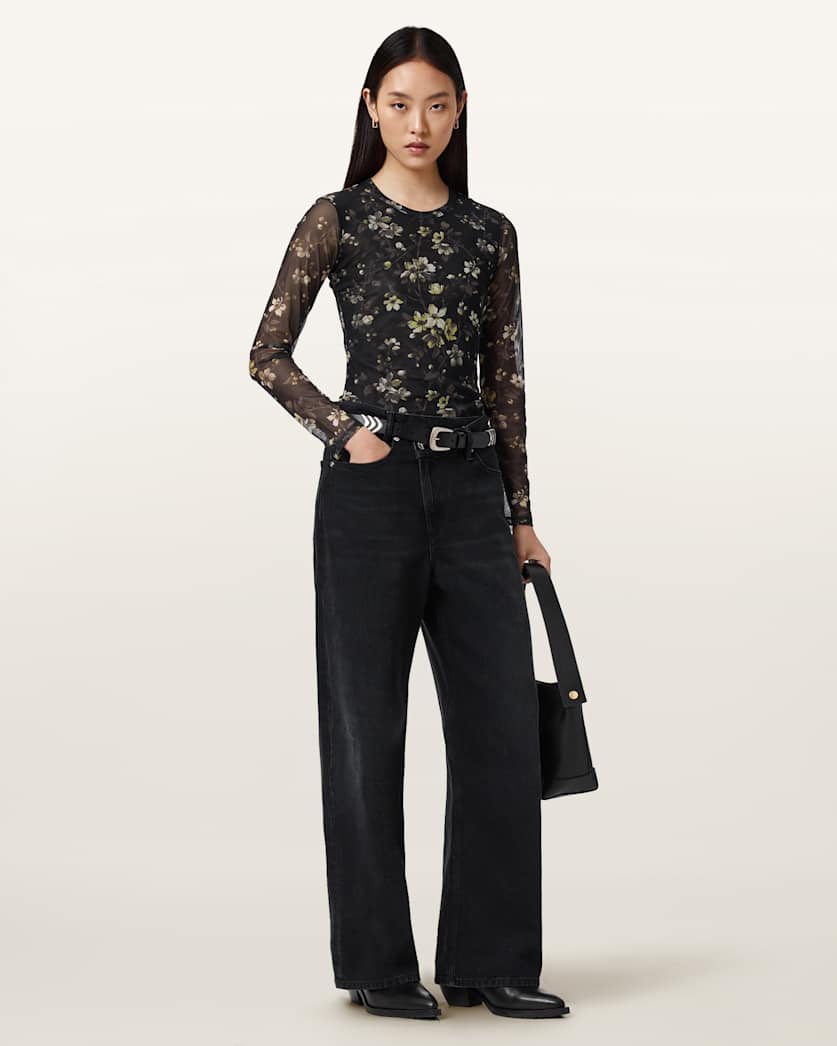 AllSaints Ellie Mesh Long Sleeve T Shirt Women's Leppo Brown Women's