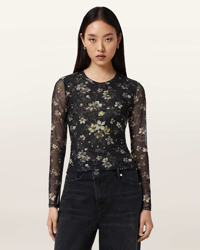 AllSaints Ellie Mesh Long Sleeve T Shirt Women's Leppo Brown Women's