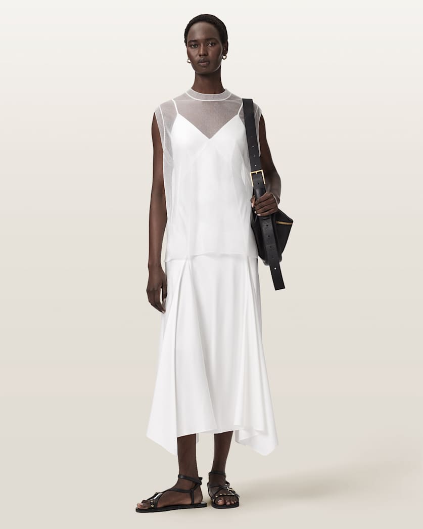 AllSaints Ava Sleeveless Satin Midi Dress Women's Chalk White Women's