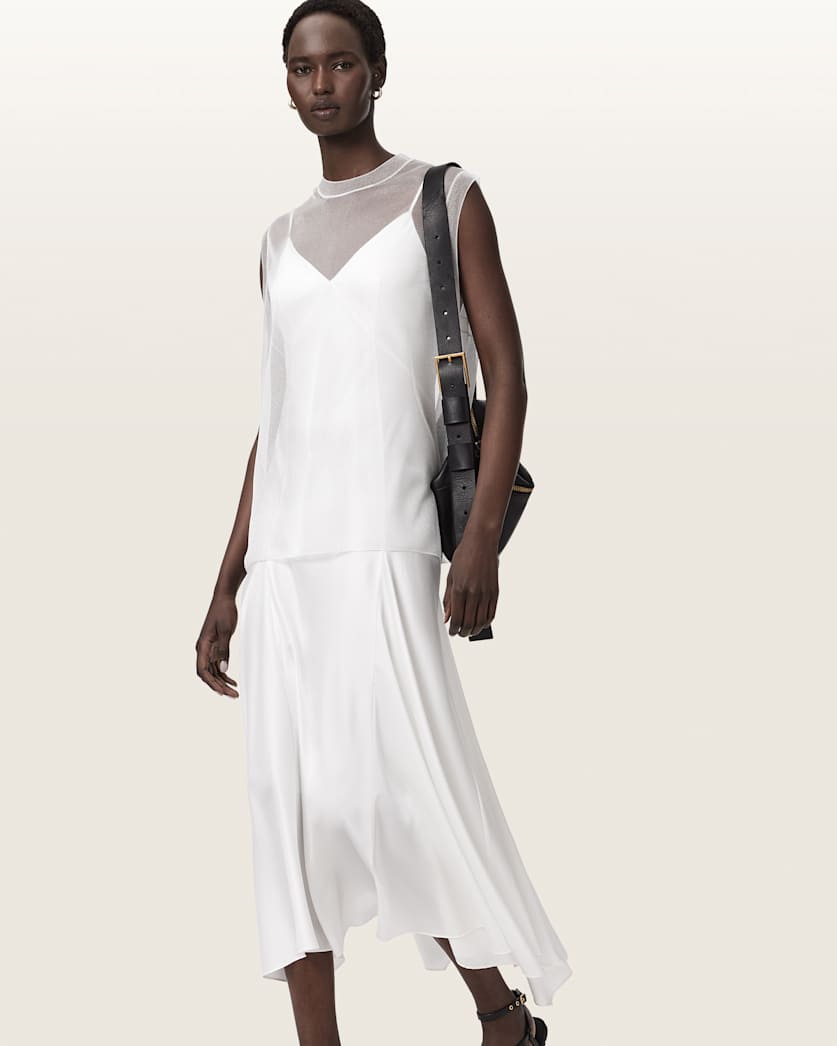 AllSaints Ava Sleeveless Satin Midi Dress Women's Chalk White Women's